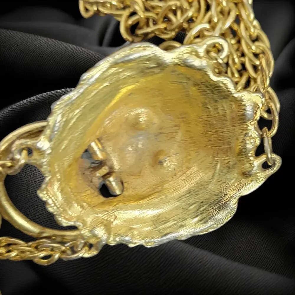 Vintage Double Lion Door Knocker Necklace Costume Jewelry Gold Pendant Statement